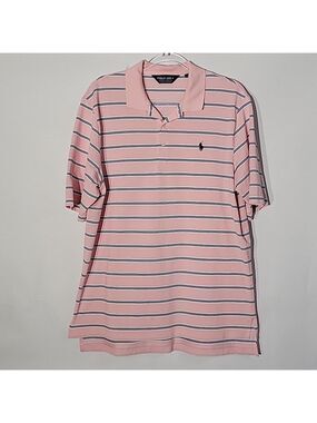Gorgeous Men's Ralph Lauren Polo Golf Shirt, Pink w/ Blue & White Stripes, Sz L